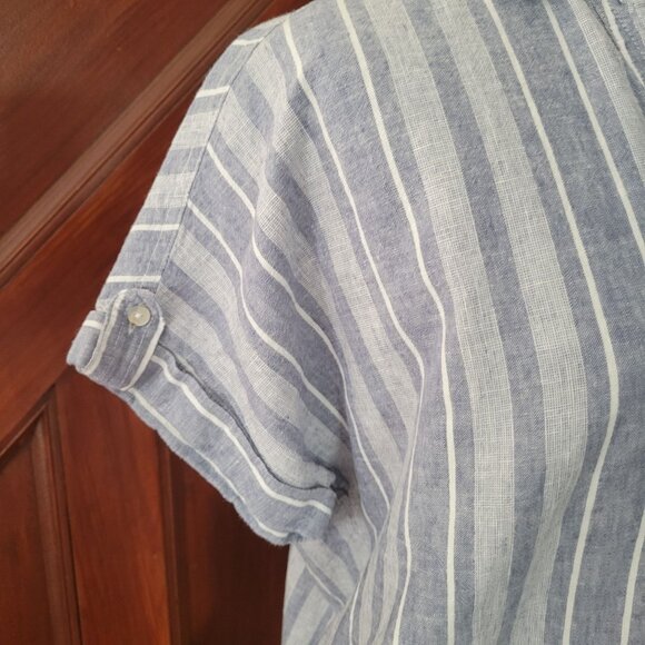 Sigrid Olsen Womens Striped Short Sleeve Button Tab Blouse Blue & White Linen La - Picture 6 of 7